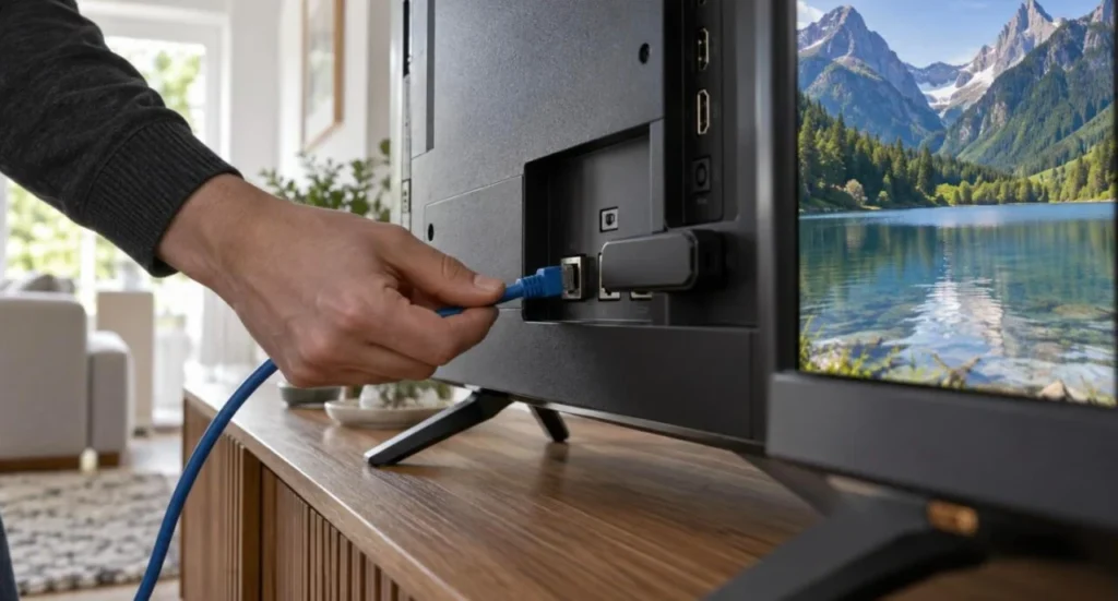 Plugging an Ethernet cable into a 4K TV with a streaming stick in the HDMI port for stable 4K IPTV streaming