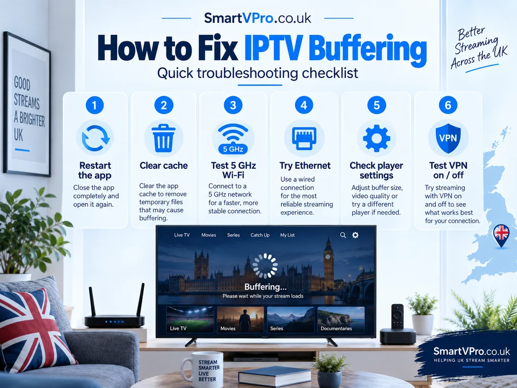 How to fix IPTV buffering checklist: restart the app, clear cache, switch to 5GHz Wi-Fi, try Ethernet, check player settings, test with VPN on and off
