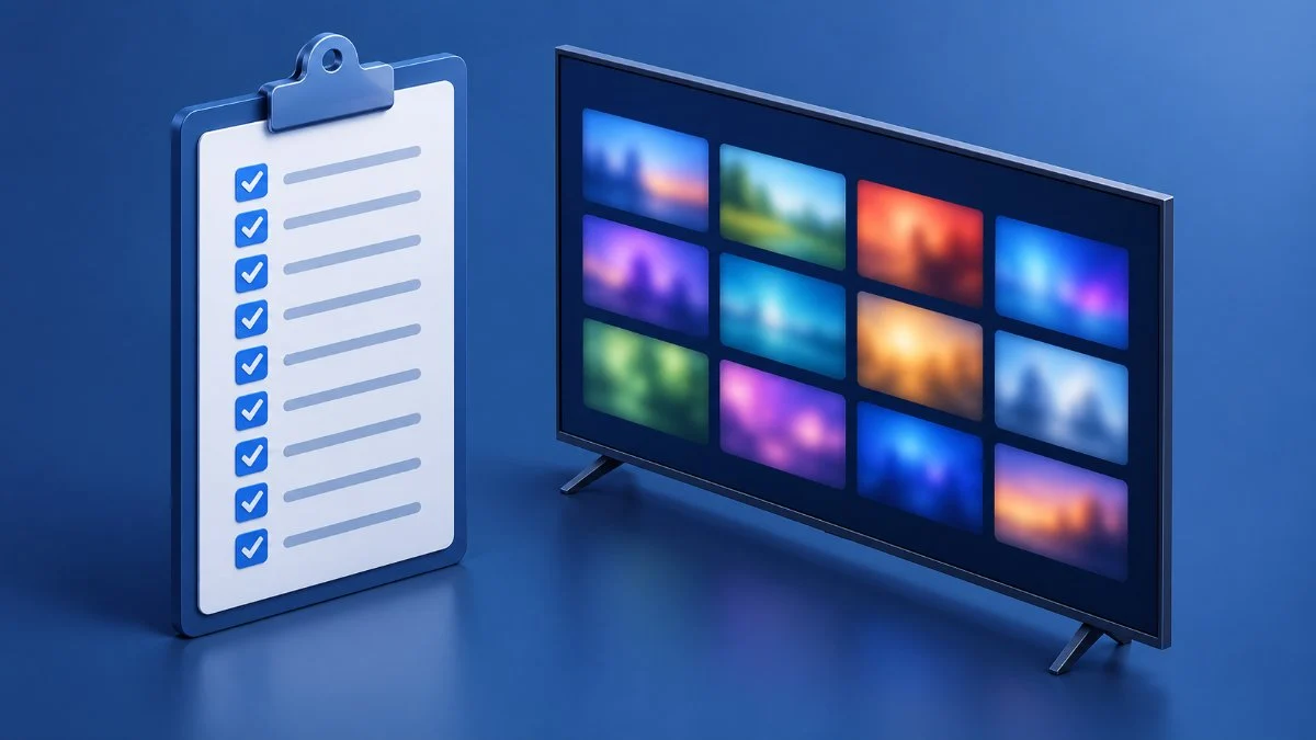 Best IPTV providers UK: ten-point checklist next to a smart TV channel grid
