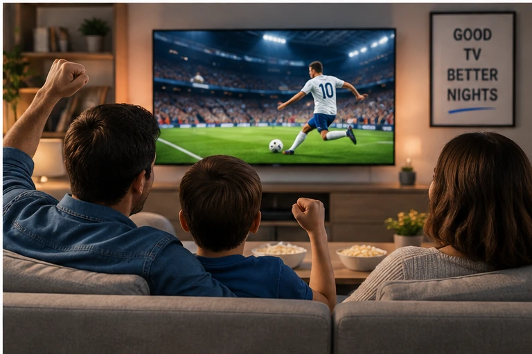 UK family watching live football on TV with an affordable IPTV service