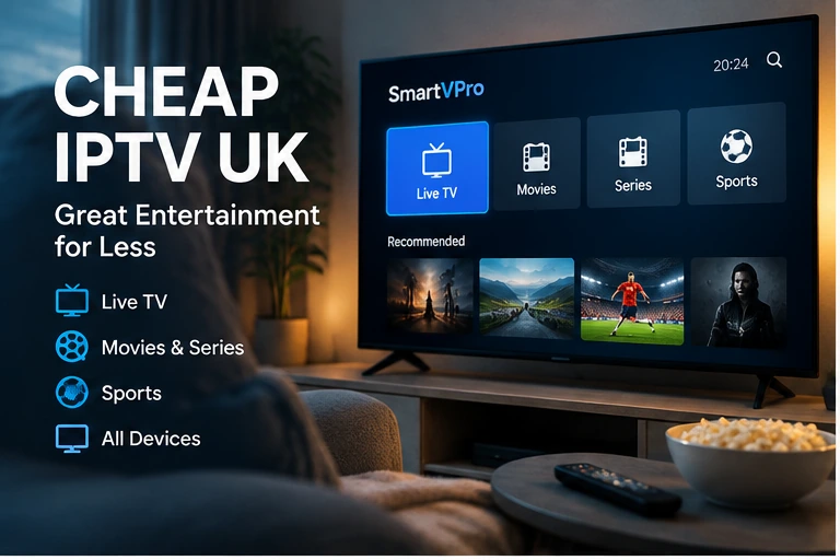 Cheap IPTV UK service on a smart TV with live TV, movies, series and sports
