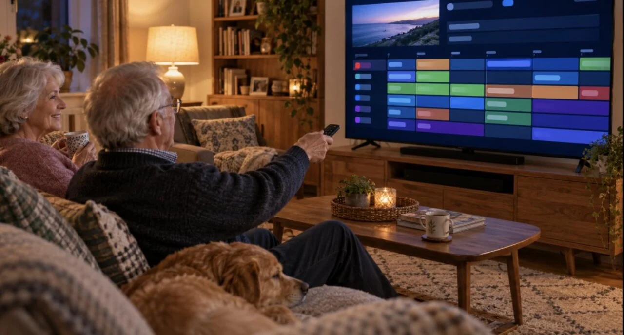 Couple using the IBO Player Pro programme guide on a Smart TV in the evening