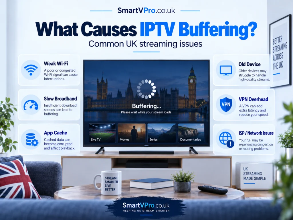 Common causes of IPTV buffering in the UK: weak Wi-Fi, slow broadband, app cache, old device, VPN overhead and ISP issues