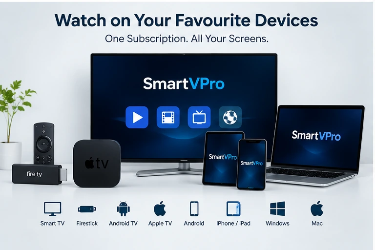 IPTV compatible devices including Smart TV, Firestick, Android TV, Apple TV, mobile, Windows and Mac
