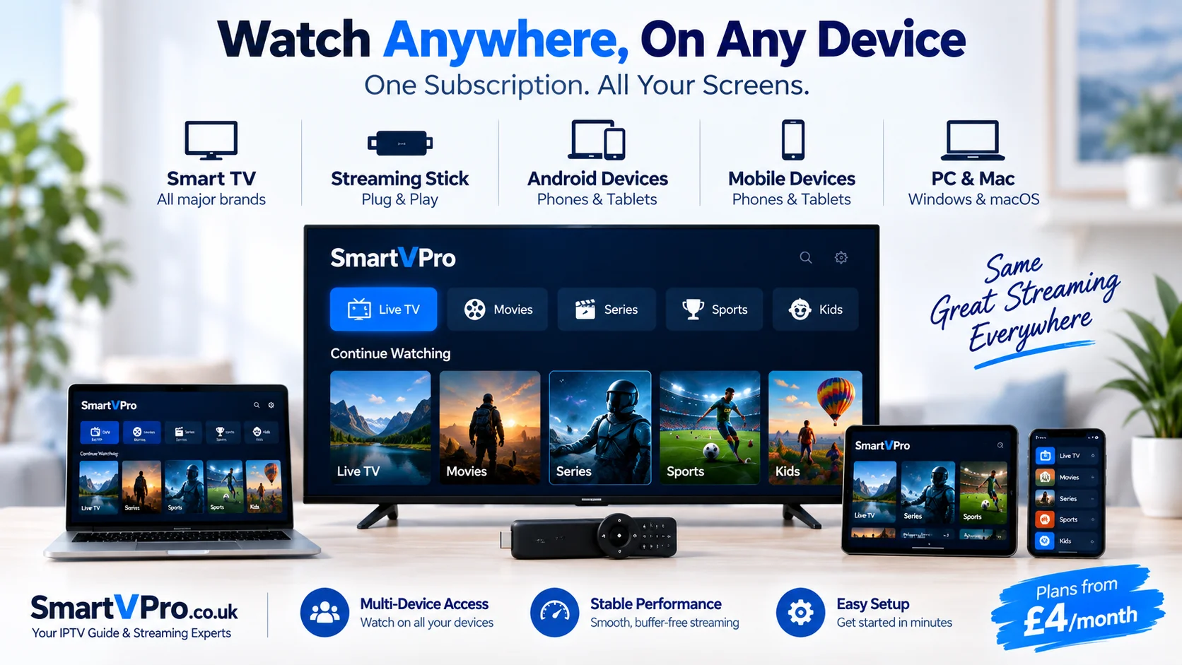 IPTV cost UK by device: one SmartVPro subscription on smart TV, streaming stick, Android, mobile and PC or Mac, plans from £4 a month