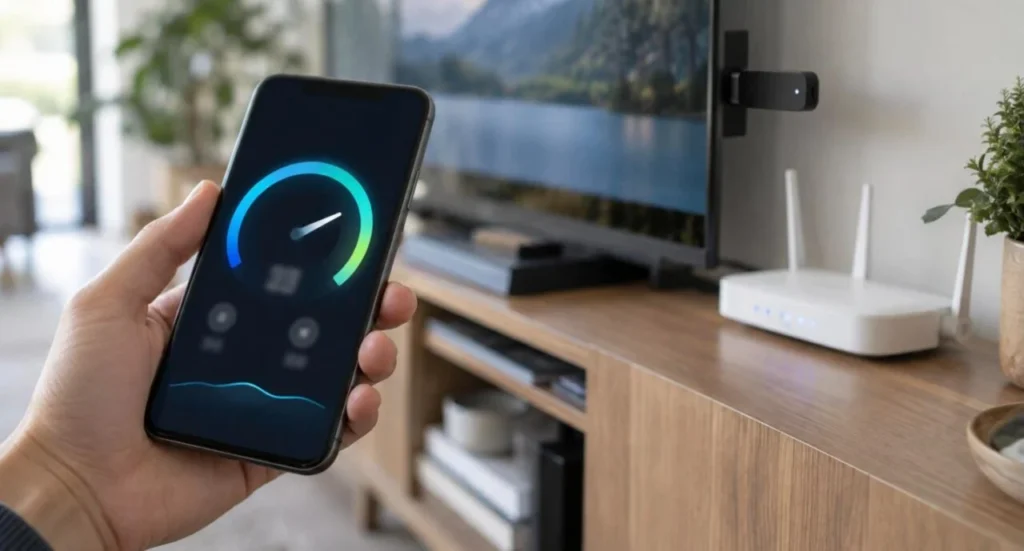 Running an internet speed test on a phone next to the TV, streaming stick and Wi-Fi router to check IPTV streaming speed