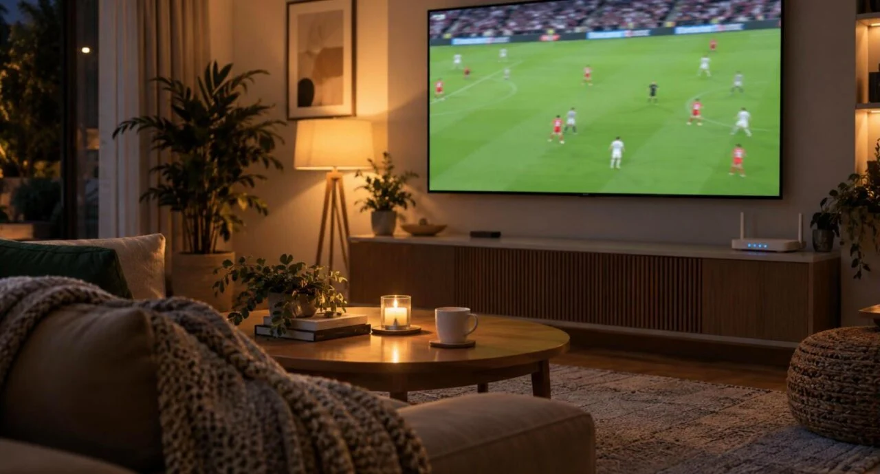 IPTV UK subscription streaming live football in 4K on a living-room TV with a streaming stick and router