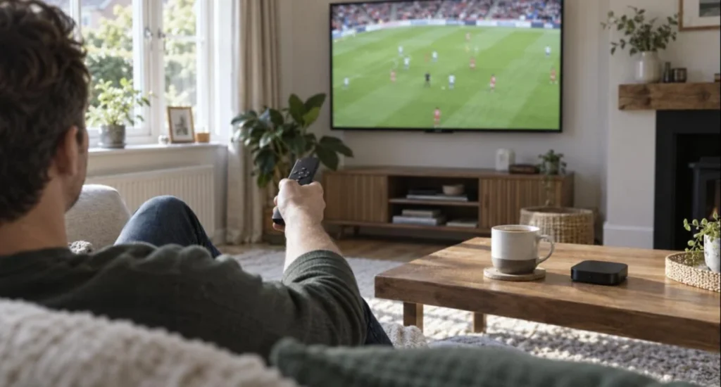 Testing an IPTV trial UK viewers can start for £1: live football on a living-room TV with a remote and streaming box