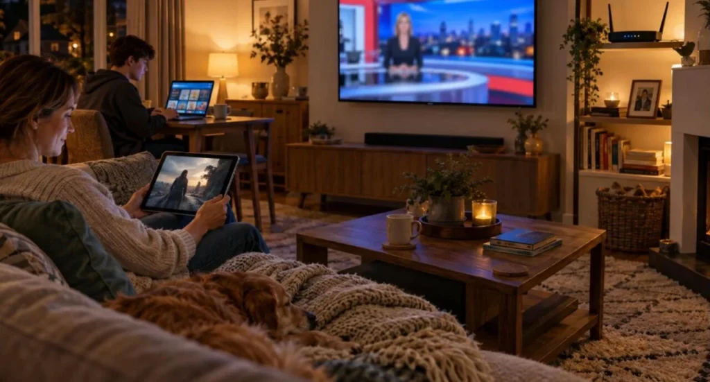 IPTV UK on a wall TV, tablet and laptop at the same time with one SmartVPro subscription in a British living room