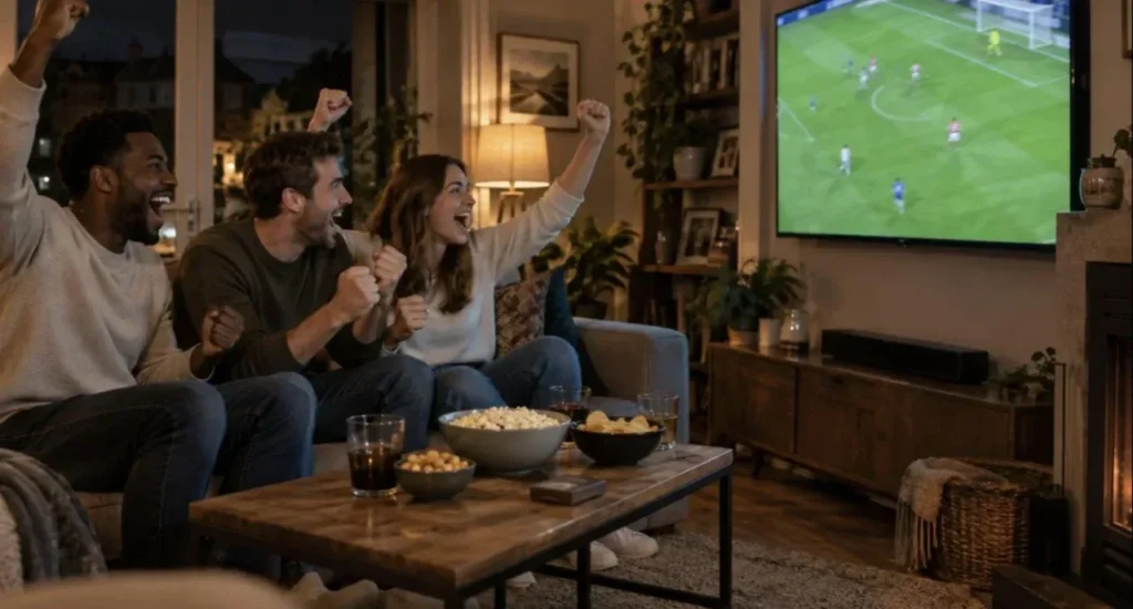 Friends celebrating a goal while watching live sport on IPTV UK in a living room
