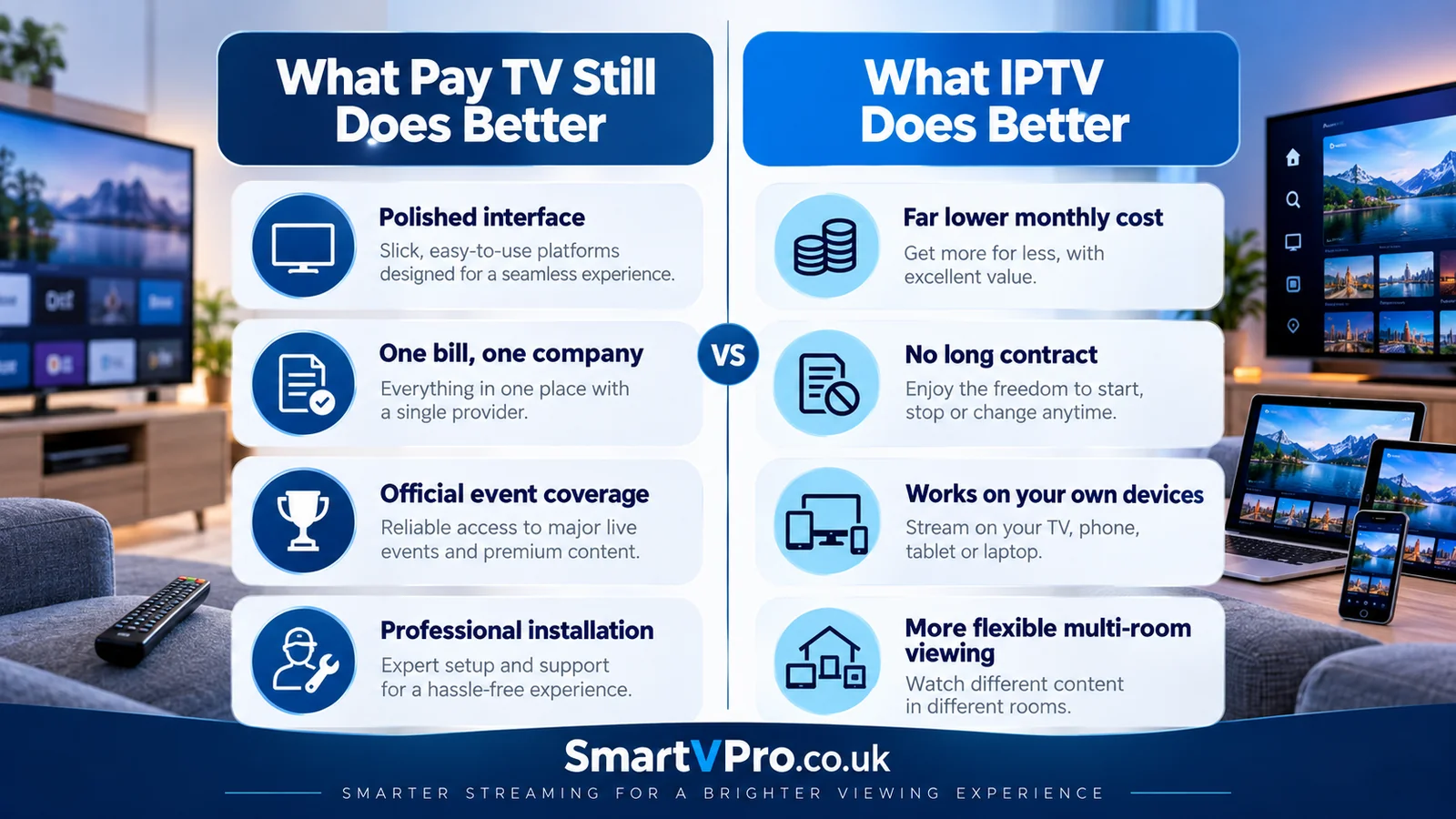 IPTV vs Pay TV benefits comparison including contracts devices support and flexibility
