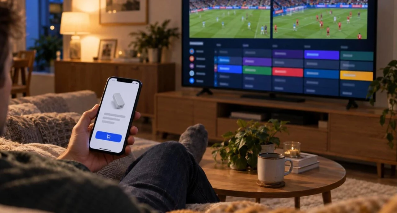 Buying TiviMate Premium in the Companion app on a phone while the TV shows multi-view football and the TiviMate IPTV guide