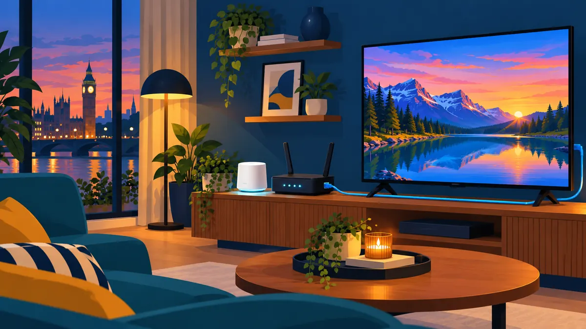Multi-device IPTV network: Ethernet from the router to the main TV and a mesh Wi-Fi node for the other screens