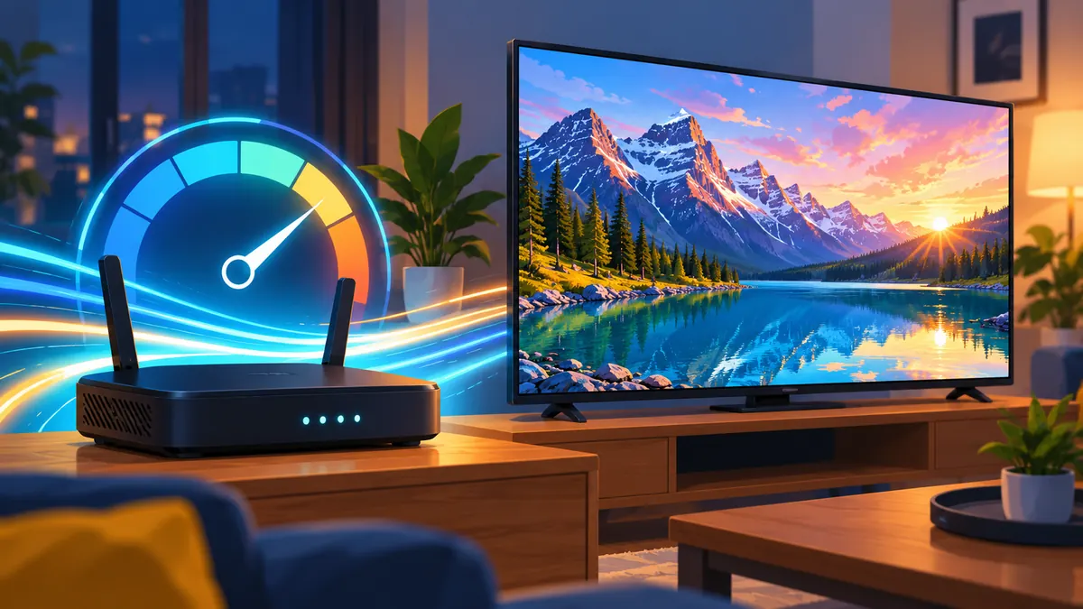 Internet speed for IPTV: a broadband router with a speedometer gauge beside a TV streaming in 4K
