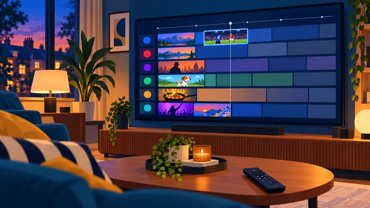 IPTV EPG grid on a television with channel rows and a timeline bar