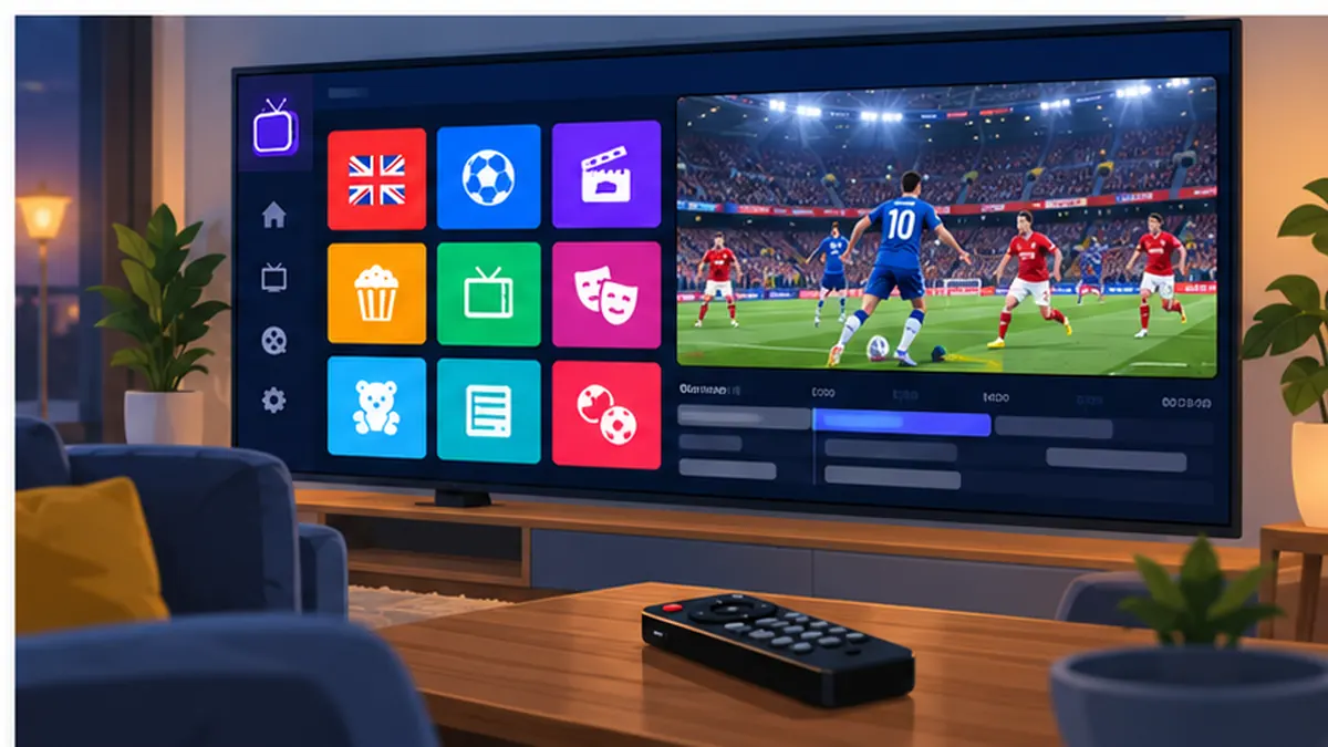 IPTV channel grid on a smart TV with live football and the programme guide bar