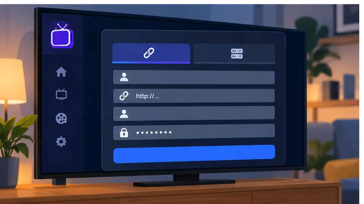 IPTV Smarters Pro login screen on a UK smart TV showing the Xtream Codes server, username and password fields