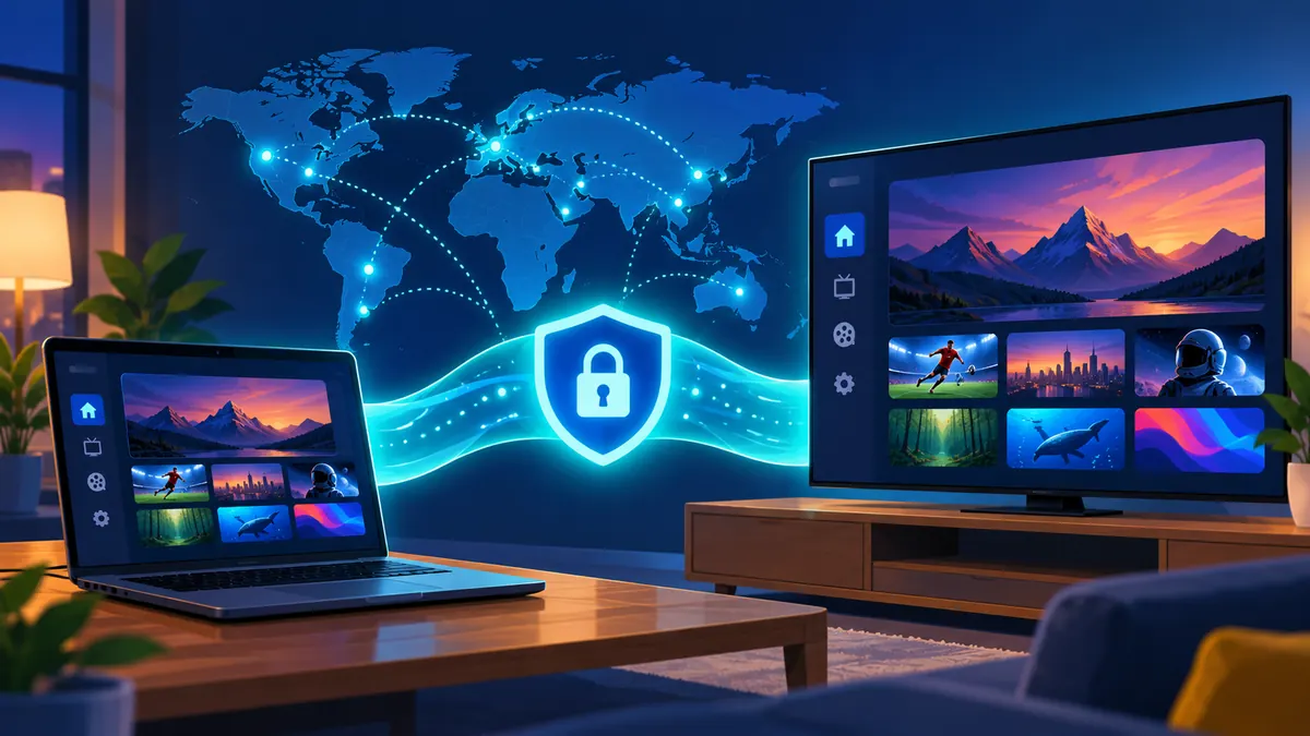 IPTV VPN: a laptop and TV connected through a secure encrypted tunnel to a world map