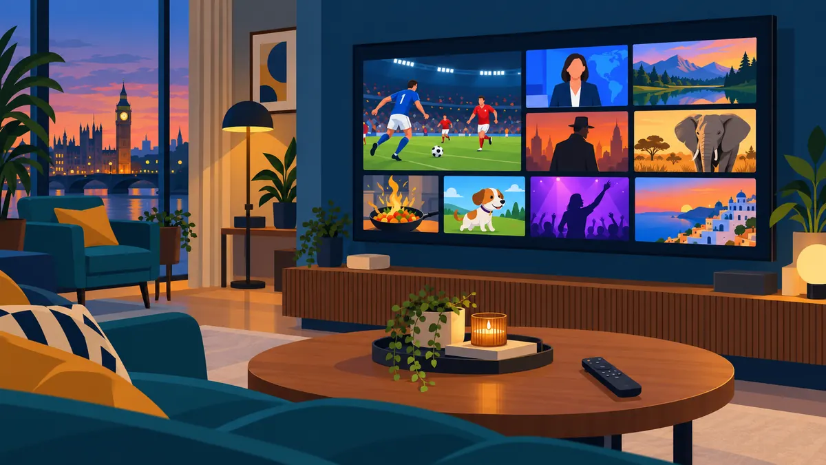 Smart TV IPTV UK: a living room smart TV showing a live channel grid with football, ready for Samsung or LG IPTV app setup