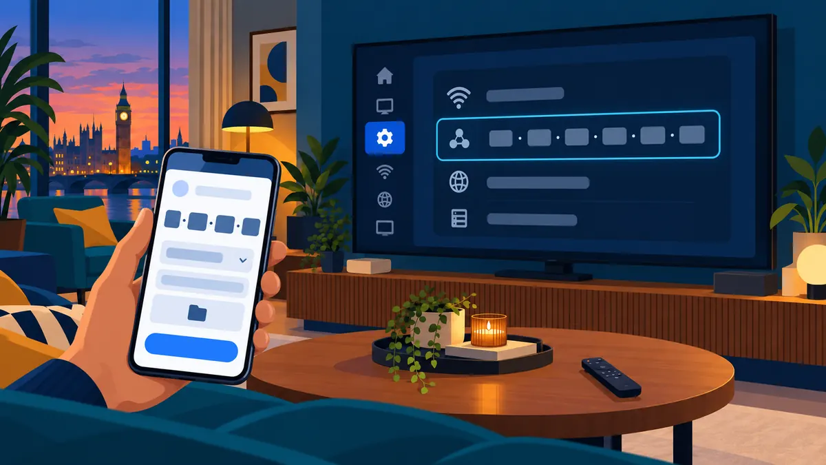 Uploading an IPTV playlist by MAC address from a phone while the smart TV shows its network settings