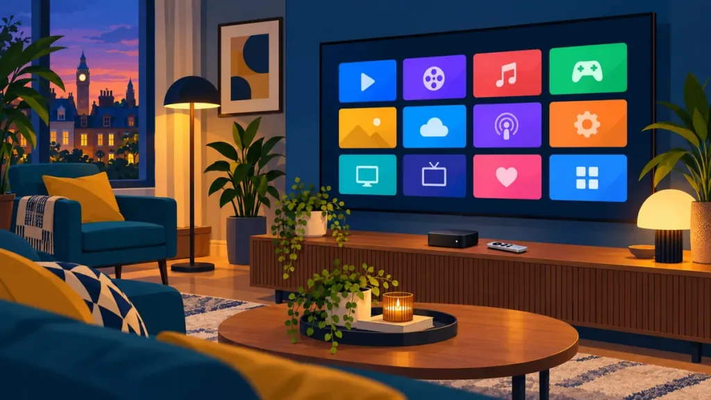 Streaming box and remote under a television showing a tidy app grid in a UK lounge iptv service